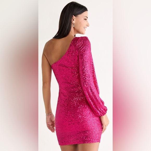 Crystal Doll NWT Size M Pink Sequin Kendell One Shoulder Long Sleeve Mini Dress - Picture 2 of 10